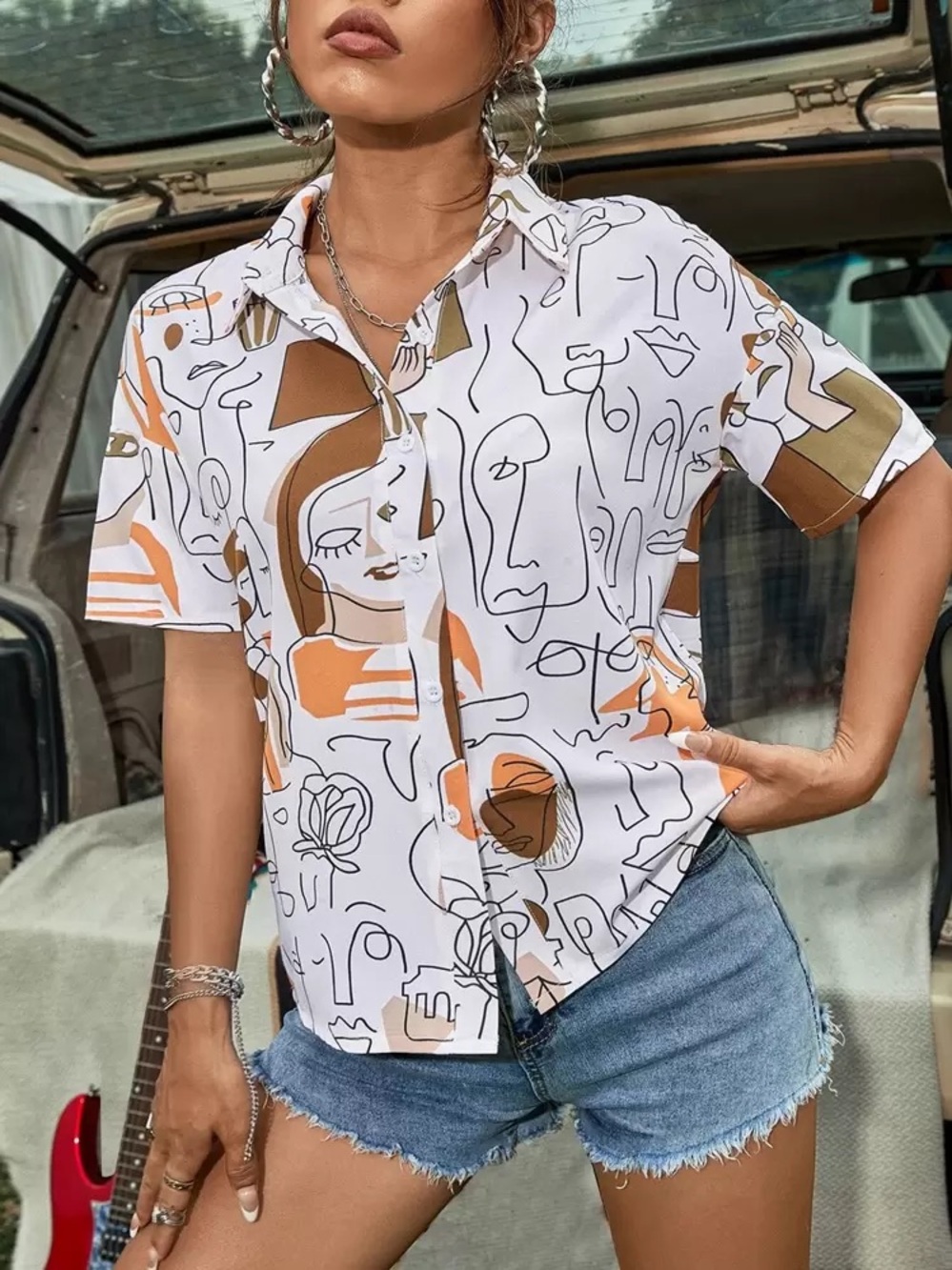 SHEIN Abstract Face Print Button-Front Shirt-EUC